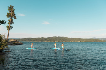 Fototapeta na wymiar Friends paddle board at lake. 