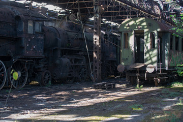 Old rusted abandoned trains in repair train hall