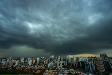 The storm is coming. Hurricane. Ground and sky. Cityscape. Sao Paulo city landscape, Brazil South America. 