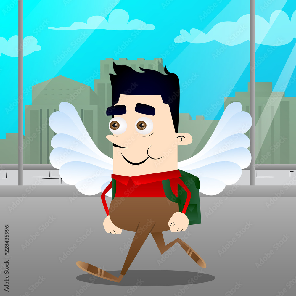 Wall mural Schoolboy as an angel, with big white wings. Vector cartoon character illustration. - Wall murals
