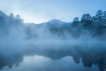 朝霧につつまれた金鱗湖