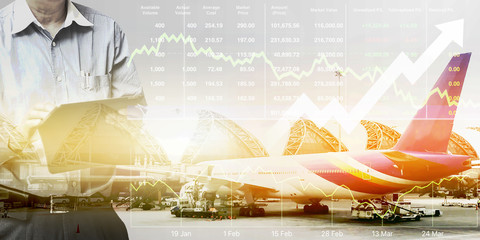 Business marketing data with arrow up show profit and success in travel business and transportation industry  investment on index and graph of stock market data background.