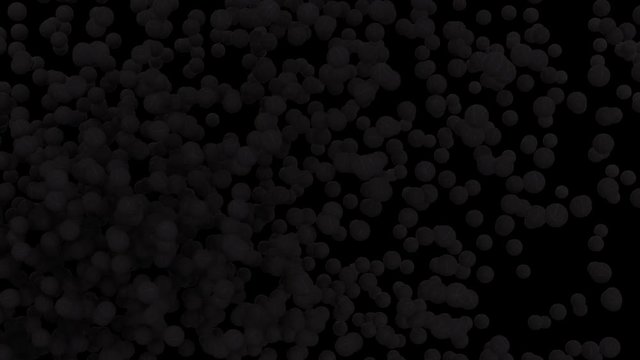 Animated flying or exploding from left to right a lot of plain black basketballs in slow motion. Black background, mask included.