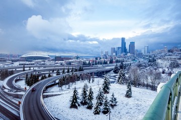 Blue hour during a snow storm on the Seattle skyline  - 228437582