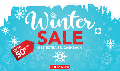 Winter sale banner template design with snow flakes up to 50% off. Super Sale, end of season special offer banner. vector illustration.