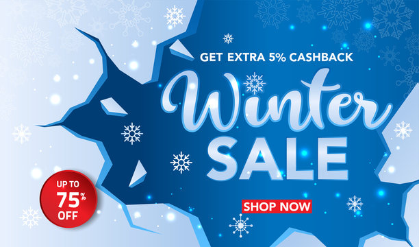 Winter sale banner template with snow flakes, ice shards for shopping sale. banner design. Poster, card, label, web banner. Vector illustration
