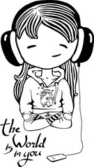 Black line art isolated on white background. Cute teen girl listens to music in big headphones and meditates