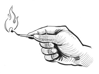 Hand holding a burning match. Ink black and white illustration