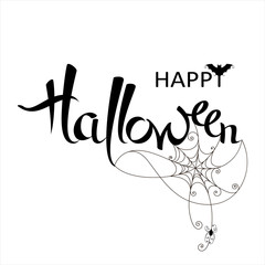 Happy Halloween banner on a white background. Vector lettering with web and spider