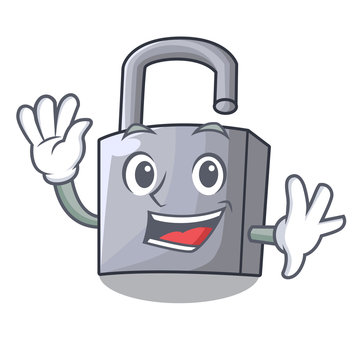 Waving cartoon unlocked padlock on the table