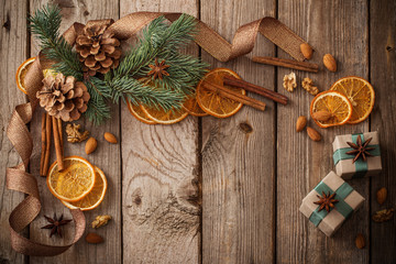 Christmas decorations on old wooden background