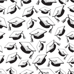 Graduate doodle black hat seamless pattern with diploma, graduation caps thrown in the air, square academic cap, mortarboard for college, university students, education concept, white background