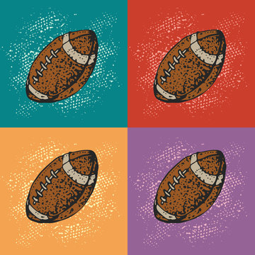 Pop art vector background with cartoon american football ball. Rugby sport. Cartoon style pattern.