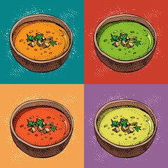 Cream soup vector background. Hand drawn bowl of soup with spices. Pumpkin, tomato, broccoli soup. Vegetable pop art style pattern. Detailed vegetarian food sketch.