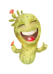 Watercolor cartoon cactus. Hand-drawn funny character. Isolated succulent