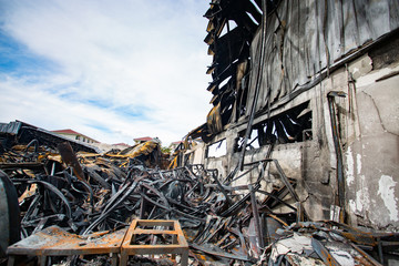 Interior of a factory damaged by fire / Damage caused by fire - Burnt interior