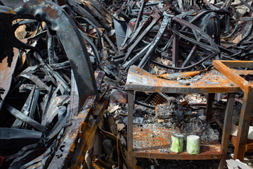 Interior of a factory damaged by fire / Damage caused by fire - Burnt interior