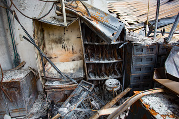Interior of a factory damaged by fire / Damage caused by fire - Burnt interior