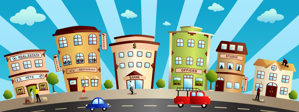 City Buildings and Shops Cartoon Illustration