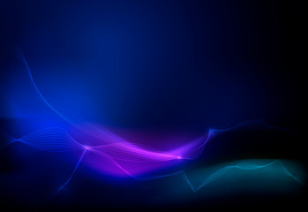 Illustration Abstract glowing, neon light effect, wave line, wavy pattern. Vector design communication techno on blue background. Futuristic digital technology for web or banner background