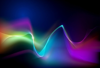 Illustration Abstract glowing, neon light effect, wave line, wavy pattern. Vector design communication techno on blue background. Futuristic digital technology for web or banner background