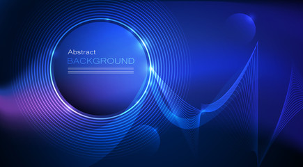 Illustration Abstract glowing, neon light effect, wave line, wavy pattern. Vector design communication techno on blue background. Futuristic digital technology for web or banner background