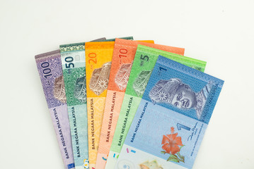 Various type of Malaysia Ringgit money on white background
