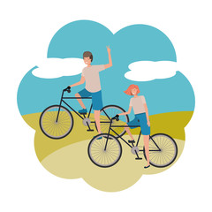 young couple in bicycle characters