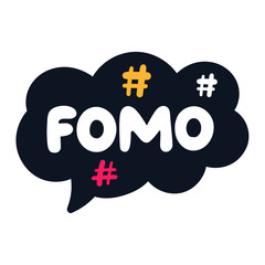 Speech bubble with word - fomo. Hand drawn vector lettering illustration, concept for social media, stickers design.
