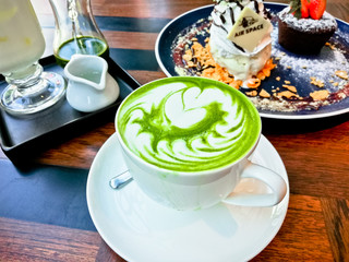 matcha green tea with dessert