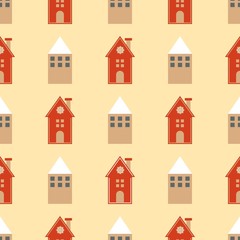 red and brown cottage in winter, seamless pattern Christmas theme