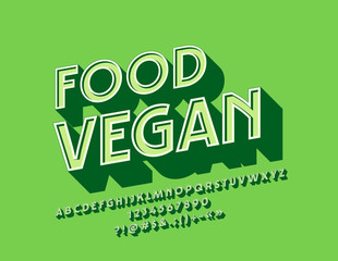 Vector Modern Logo Food Vegan with 3D Font. Green rotated Alphabet Letters, Numbers and Symbols