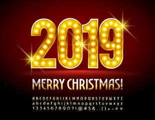 Vector Merry Christmas 2019 greeting card with chic Lamp Text. Golden luxury Alphabet. Metallic gradient Font.