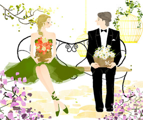 Young couple sitting on bench  holding the flower pot 