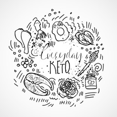 Obraz premium Everyday Keto Menu sketch hand draw illustration - black and white vector sketch healthy concept. Healthy everyday keto food concept with texture and decorative elements in a circle form - all