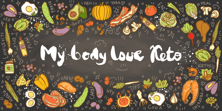 Ketogenic Diet vector sketch banner illustration. My Body Love Keto Healthy concept with food illustration on texture and decorative elements - fats, proteins and carbs on one Keto vector illustration