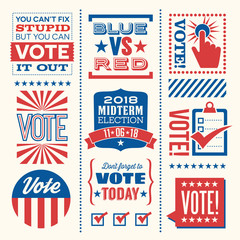 Fototapeta na wymiar Patriotic design elements and motivational messages to encourage voting in United States 2018 election. For web banners, cards, posters, stickers