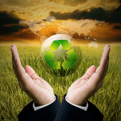Businessman care recycle  bubble in hand, Sustainable concept