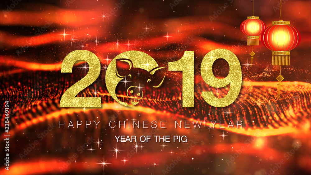 Poster chinese new year also known as the spring festival. year of the pig 2019. digital particles loop bac