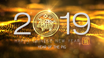 Chinese New Year also known as the Spring Festival. Year of the Pig 2019. Digital particles loop...