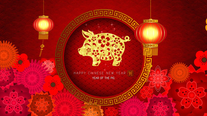 Chinese New Year also known as the Spring Festival. Year of the Pig 2019. Digital particles loop...