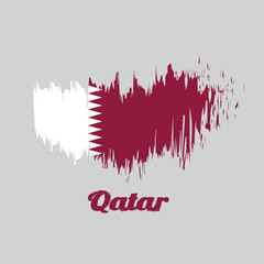Brush style color flag of Qatar, a white band on the hoist side, separated from a maroon area on the fly side by nine white triangles which act as a serrated line with text Qatar.