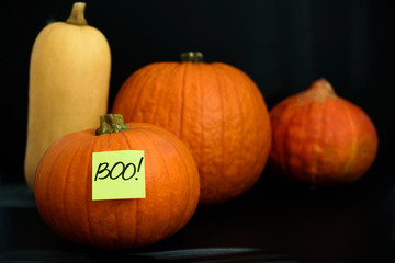 Different pumpkins with boo