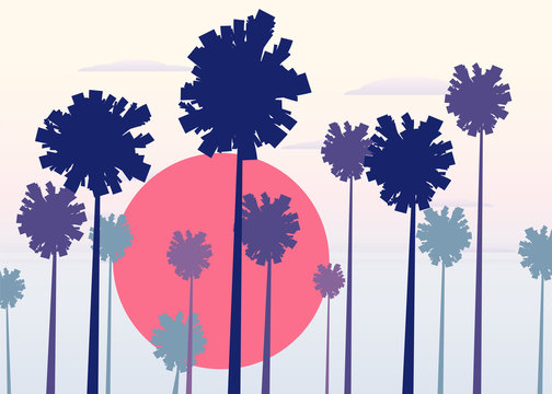 Tropical sunrise at seashore, sea landscape with palms, minimalistic illustration. Seascape sunrise or sunset. Ocean scene with rising sun, palms, mountains and sky. Rocky coast in blue color vector