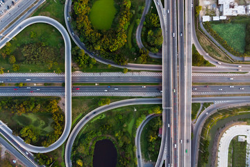 Aerial top view photo from flying drone of a Road traffic an important infrastructure in Thailand