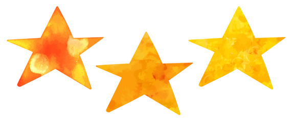 A vector set of watercolour drawings of golden stars, isolated on a white background