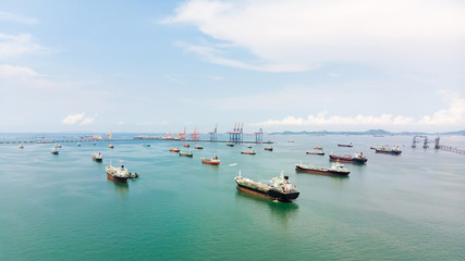 Aerial view of sea freight, Crude oil tanker lpg ngv at industrial estate Thailand / Crude Oil tanker to Port of Singapore - import export around in the world