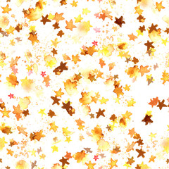 A seamless pattern with golden yellow abstract watercolour stars on a white background, a hand drawn starry repeat print