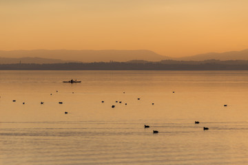 Naklejka premium Beautiful view of a lake at sunset, with orange tones, birds on water and a man on a canoe