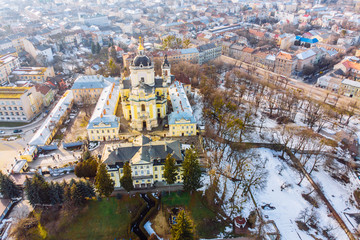 Fototapeta premium winter view of old church. birds eye view